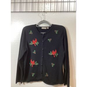 Croft and‎ Barrow Women L Embroidered Cardinal Black Christmas Sweater 58866